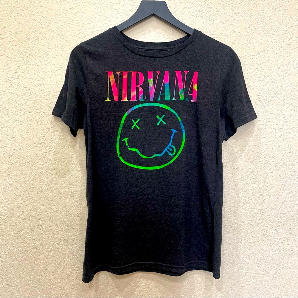 Nirvana Black Multicolor Smiley Face Graphic T-Shirt Band Tee 90’s Grunge